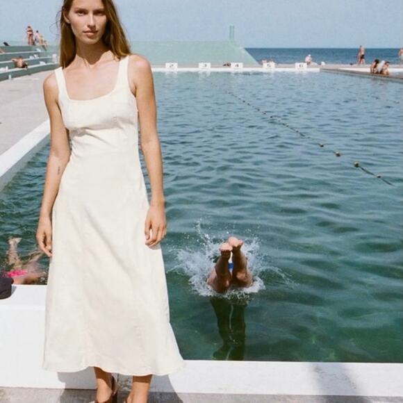 NWOT Zara Cream Ivory Topstitch Midi Square Neck Dress Women’s Size XS - Picture 9 of 14